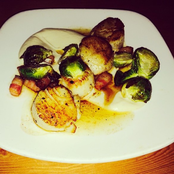 Seared Dayboat Scallops with cauliflower puree, Brussels sprouts with bacon, brown butter, and sherry
