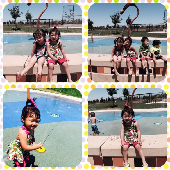 Roxy & friends had fun playing with friends at the water spray ground at the park. 1st time in a swimsuit!