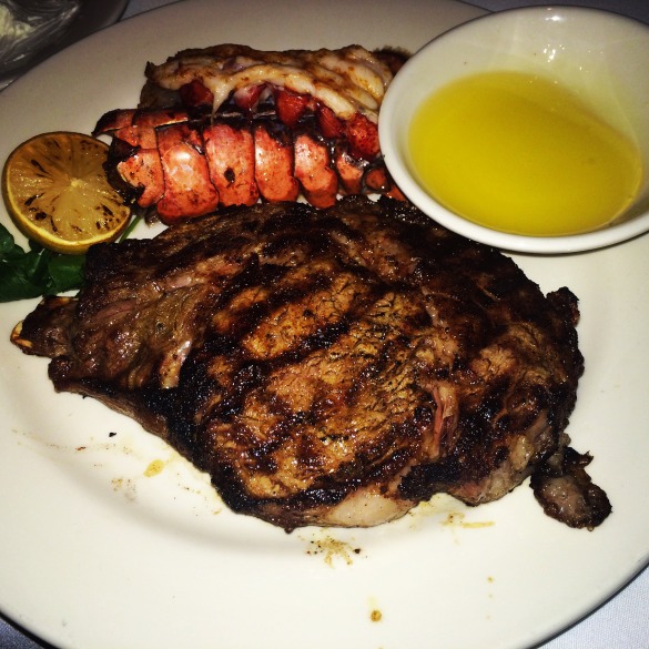 Cajun blackened ribeye & grilled Maine lobster tail from Morton's. My fav!