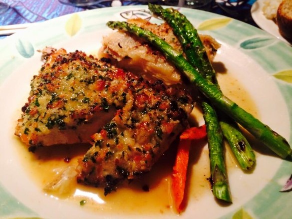 Onaga in white wine sauce with persimmon & passion fruit in a macadamia nut crust from Mama's Fish House