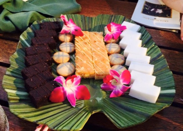 Chocolate brownies, passion fruit cookies, lemon cake, and coconut jello from the Old Lahaina Luau