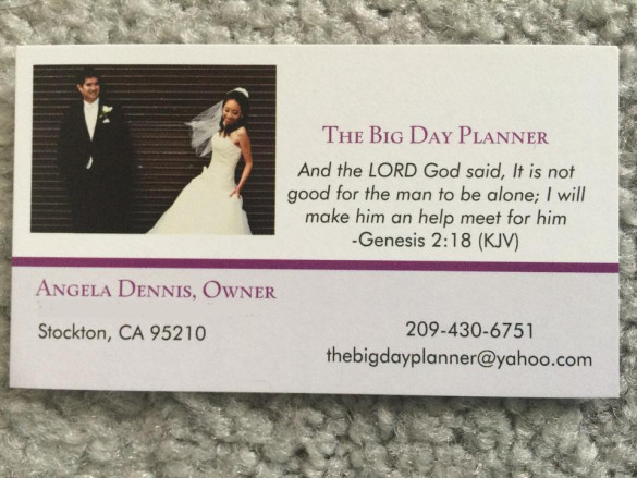 ANGELA DENNIS USED OUR WEDDING PICS ON HER BUSINESS CARD WITHOUT OUR PERMISSION!!