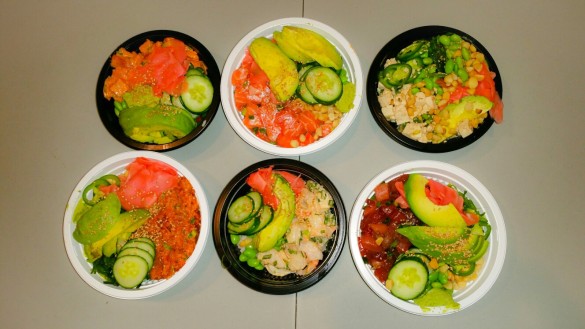 Regular Yellowtail Poke Bowl with Spicy Ono, Large Salmon Poke Bowl with Shoyu, Regular Tofu Bowl with Shoyu, Large Spicy Tuna Poke Bowl with Creamy Miso, Regular Shrimp Poke Bowl with Shoyu, Large Ahi Tuna Poke Bowl with Shoyu