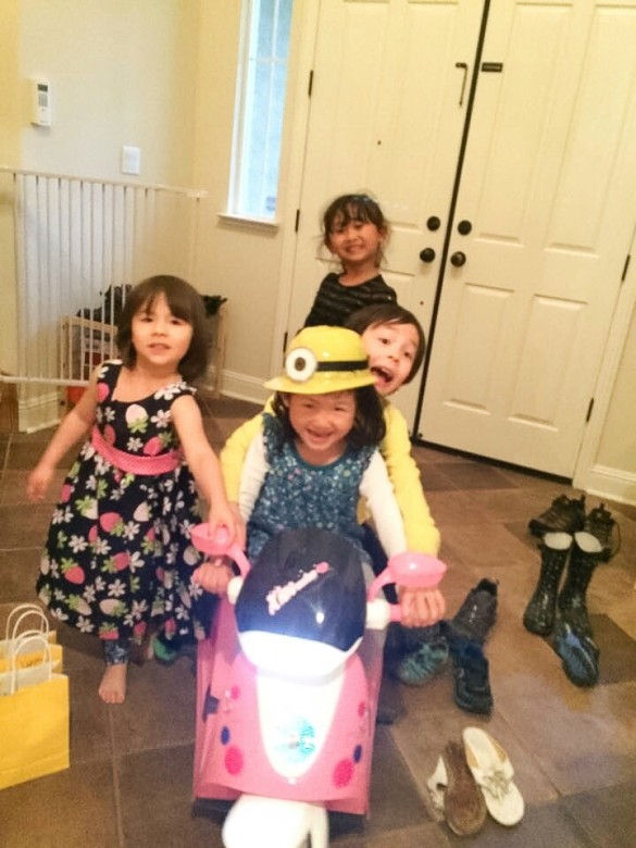 Roxy and friends trying out her new motorized scooter