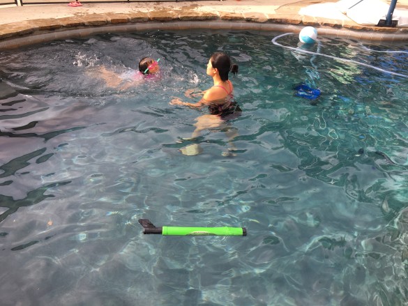Roxy swimming to Melinda, her Sunsational swim instructor